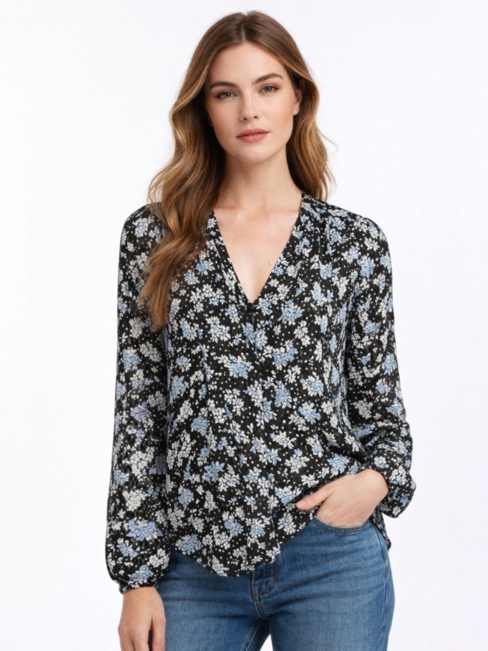 Veronica Beard Lowell 100% Silk Floral Blouse Black Blue Boho Long Sleeve Top 2
